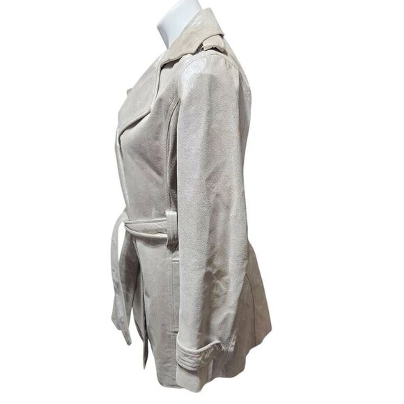 Chico's Women's Silver Twinkle Reese Trench Coat Genuine Leather belted Size 0/4 - Picture 2 of 10